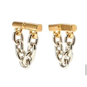 NEW Earrings Chunky Chain Front Back Barbell Two Tone Paco Rabanne STYLE AU31